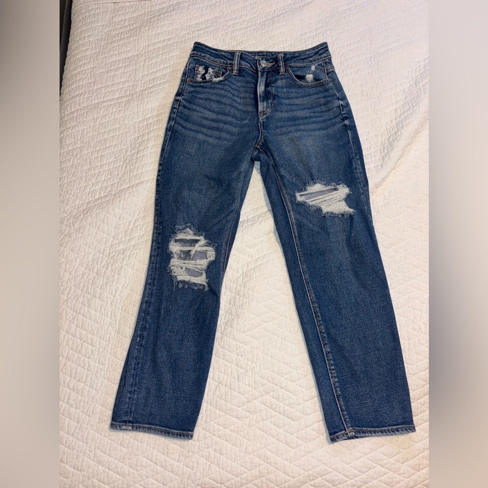 American Eagle Outfitters Blue Distressed Straight Leg Jeans